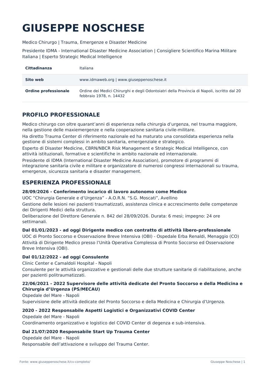 Prima pagina del CV: profilo professionale e nuovo incarico al Moscati